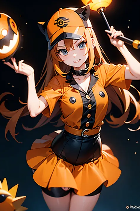 Orange-like costume from the movie Clockwork, (Pokemon Trainer Girl ),  Monster Ball ,  mascot monster with a black panther motif
