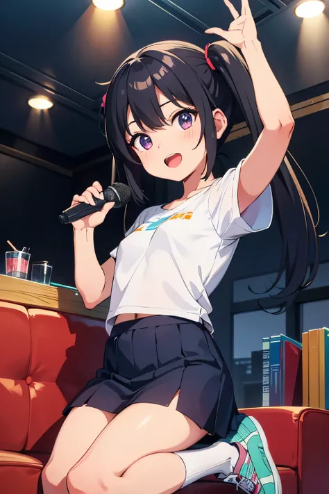 Karaoke box background dark monitor sofa table with microphone２Books　Elementary school girl ８ year-old toddler flat chest black hair shorts twin tails purple smile with open pupils  （（One person）） Upper body short sleeve blouse 　  lower body navy blue mini...