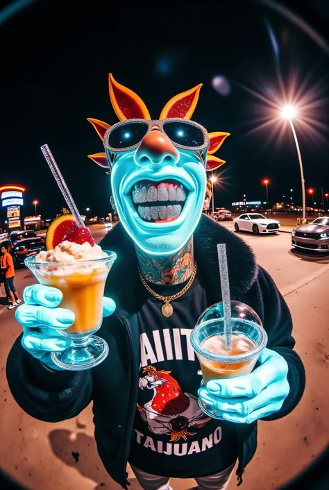 gr!llz, photograph An ultra-realistic, first-person view (FPV) of human-like character inspired by sci-fi aesthetics. The perspective shows the viewer's hands reaching forward, one hand holding an intricately detailed tropical fruit and icecream drink. The...