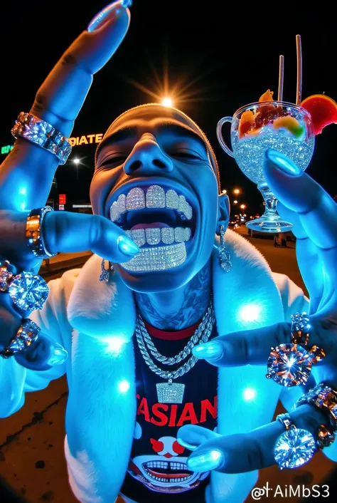 gr!llz, photograph An ultra-realistic, first-person view (FPV) of human-like character inspired by sci-fi aesthetics. The perspective shows the viewer's hands reaching forward, one hand holding an intricately detailed tropical fruit and icecream drink. The...