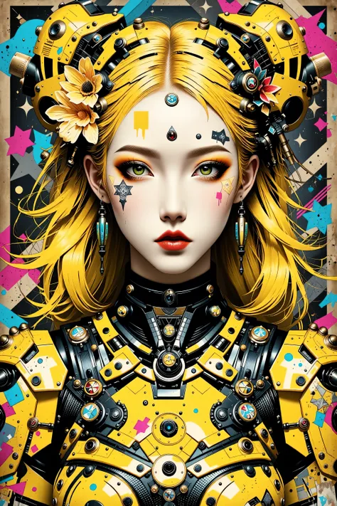 ((best quality)), ((masterpiece)), (detailed), perfect face of cyberpunk mecha japanese girl, neon yellow eyes, neon yellow body, neon yellow hair, ((monochromatic neon yellow color palette)), surreal, art nouveau, in the illustrative style of moebius, spa...