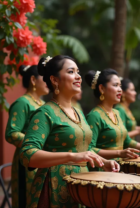 Sundanese Harmonization  :  a performance in Prabu Siliwangi kingdom ,  the female singers and musicians play gamelan  ,   creates the cultural beauty of West Java  .  Enchanting Jaipongan music  :   the Sundanese singers with kebaya and Kemben green batik...