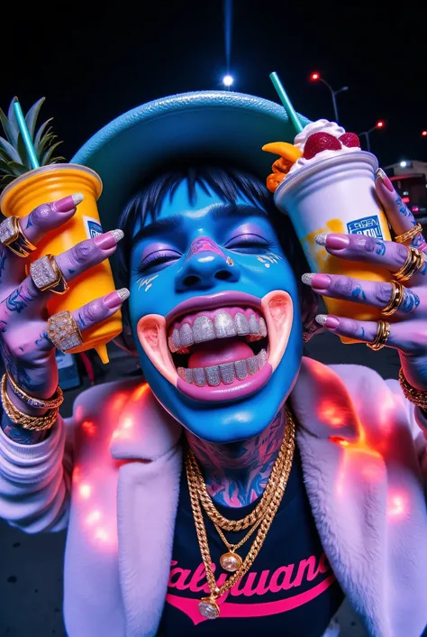 gr!llz, detailed hands, photograph An ultra-realistic, first-person view (FPV) of human-like character inspired by sci-fi aesthetics. The perspective shows the viewer's hands reaching forward, one hand holding an intricately detailed tropical fruit and ice...