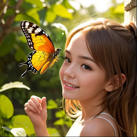  Please create an image depicting a beautiful girl happily playing with a small butterfly、 A small butterfly is perched at the tip of the nose of a beautiful  beautiful girl from Scandinavia 、A small butterfly rests on a pretty girl's head 、 A small butter...