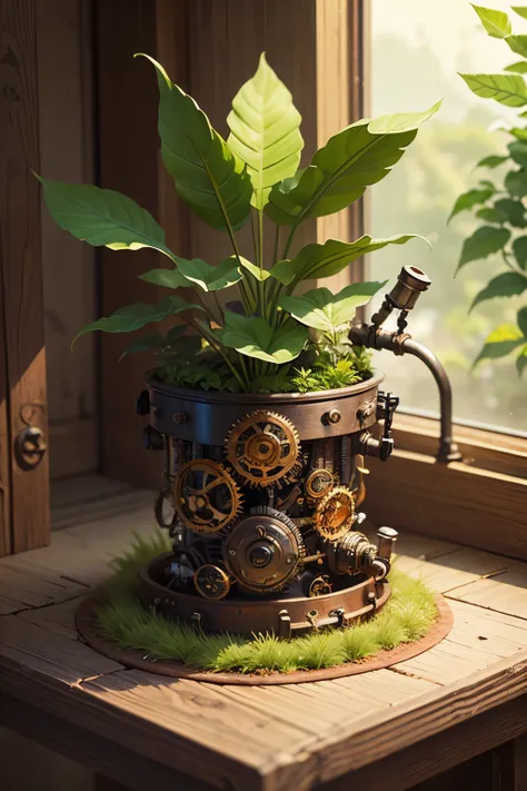 ( top quality:1.2)。steampunk。steampunk flower pot 。Pipes and gears are attached and 、 small tree spreading beautiful green leaves。