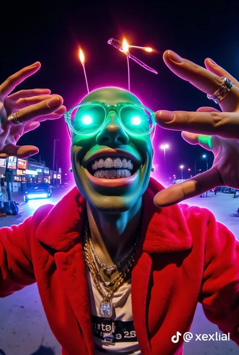 gr!llz, detailed hands, photograph An ultra-realistic, first-person view (FPV) of human-like character inspired by sci-fi aesthetics. The perspective shows the viewer's hands reaching forward, one hand holding an intricately detailed tropical fruit and ice...