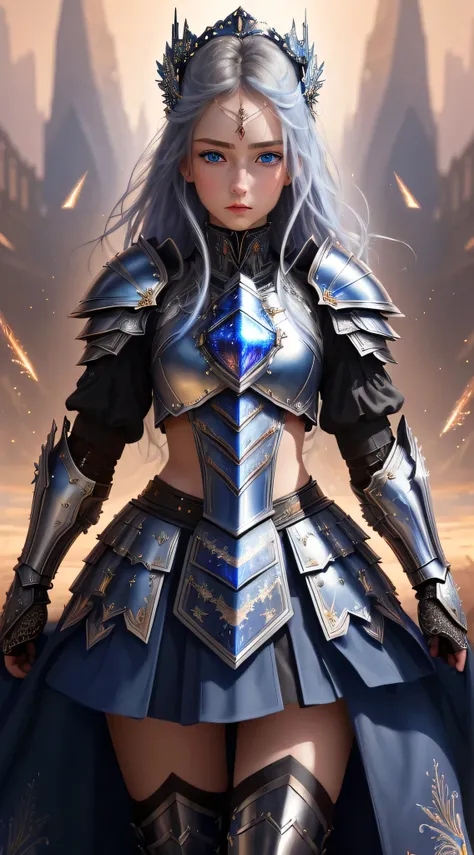 ( masterpiece,  armour skirt ,  best quality,   official art,   Beauty and Aesthetics : 1.2), ( a girl), great detail, (((Vitreous blue eyes ))), sharp focus ,(fractal art: 1.3),  Extremely colorful, Supreme details,  face, sports portrait, HDR-10, Starrys...