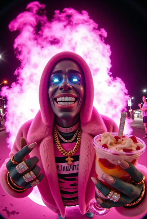 gr!llz, photograph An ultra-realistic, first-person view (FPV) of human-like character inspired by sci-fi aesthetics. The perspective shows the viewer's hands reaching forward, one hand holding an intricately detailed tropical fruit and icecream drink. The...