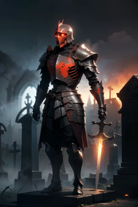 Undead knight in rusted, dented armor. Skeletal features visible through helmet visor. Wields a large, corroded sword. Glowing red eyes. Stands in a misty graveyard with ancient tombstones