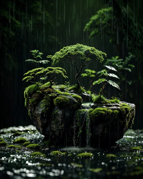 small forest, No human , opaque _ Foreground , outdoors , air , Rain , air fall, green theme , mountain , stone, mosses
