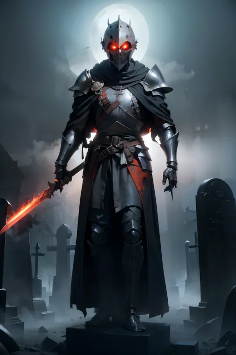 Undead knight in rusted, dented armor. Skeletal features visible through helmet visor. Wields a large, corroded sword. Glowing red eyes. Wears a tattered and ragged black cloak. Stands in a misty graveyard with ancient tombstones