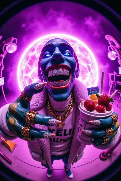 gr!llz, photograph An ultra-realistic, first-person view (FPV) of human-like character inspired by sci-fi aesthetics. The perspective shows the viewer's hands reaching forward, one hand holding an intricately detailed tropical fruit and icecream drink. The...