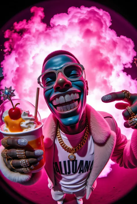 gr!llz, photograph An ultra-realistic, first-person view (FPV) of human-like character inspired by sci-fi aesthetics. The perspective shows the viewer's hands reaching forward, one hand holding an intricately detailed tropical fruit and icecream drink. The...