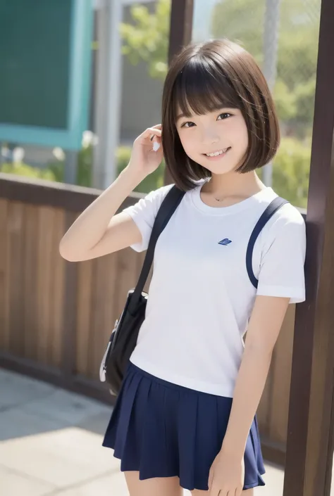  top quality 、 Female Elementary School Girls 、 cute、smile、Plain white t-shirt、Sportswear、School designated、 short hair、1 Girl , alone,  facing the front