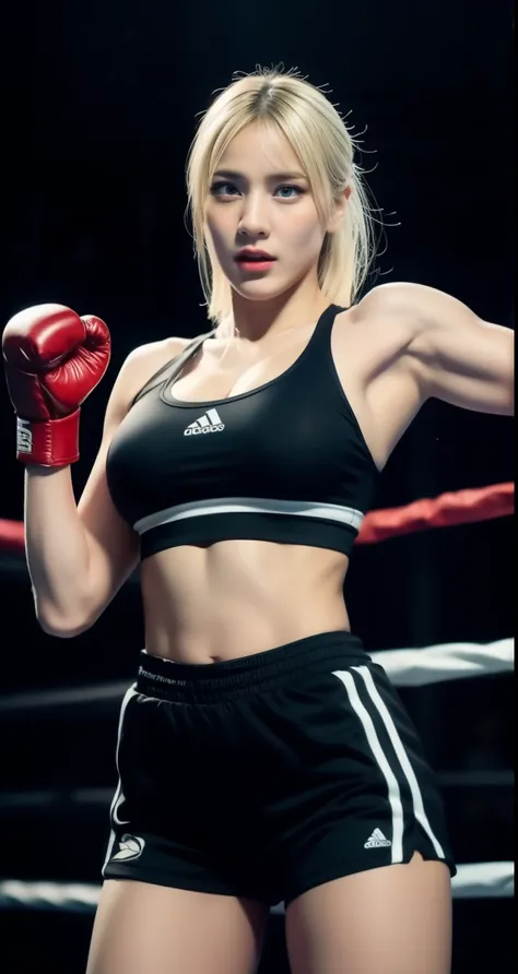 a muscular blonde girl training in a boxing ring, wearing boxing gloves, tight black shorts, sports bra, realistic, highly detailed, 8k, photorealistic, gorgeous, athletic, dramatic lighting, cinematic composition, dynamic pose, intense expression, sweat g...