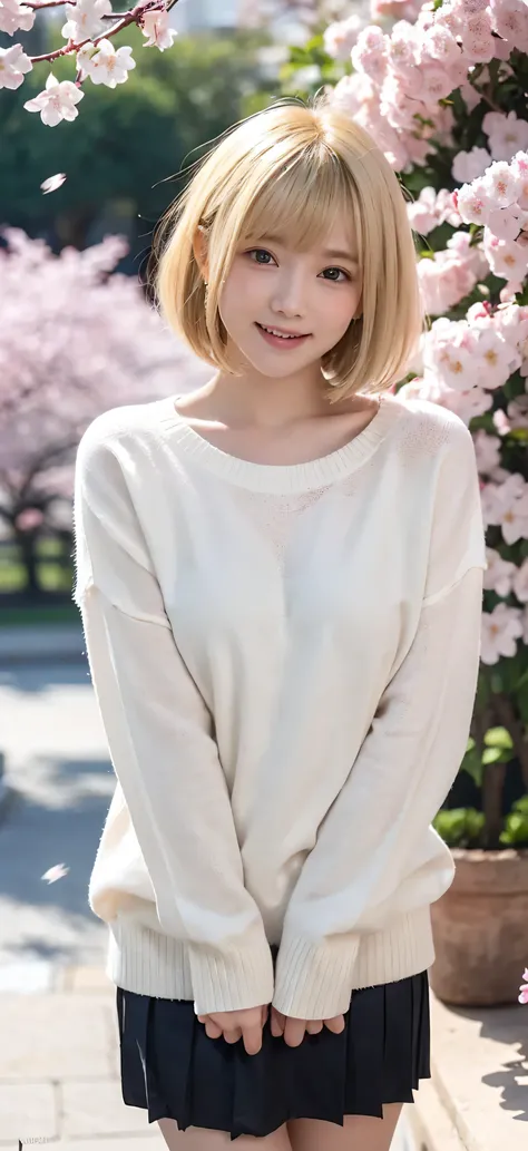 (  blonde, ,   ultra beautiful girl :1.5), ( sweater, skirt:1.3), (18 years old:1.3), break, (snowing, cherry blossoms,  Snowing :1.3), break, Shy laugh:1.3, baby face, Super Beautiful Eyes     , (  symmetrical eyes :1.3), break, ( Ultra  is present Skin:1...