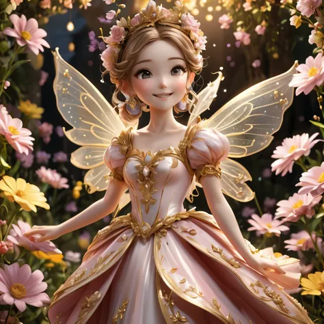  is a fairy of the earth with a cute smile, and the orange, gold, and white costumes are beautiful, and the royal family decorations with flying gold are beautiful。The energy of the sparkling earth 