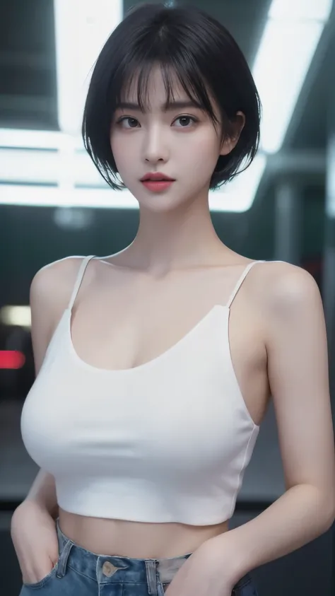 Best quality, masterpiece, ultra high res, (photorealistic:1.5), raw photo, 1girl , in the dark, deep shadow, low key, cold light, sexy look, short hair. she is big boobs. Her existence is very reality human. Standing under a neon sign, the model looks upw...