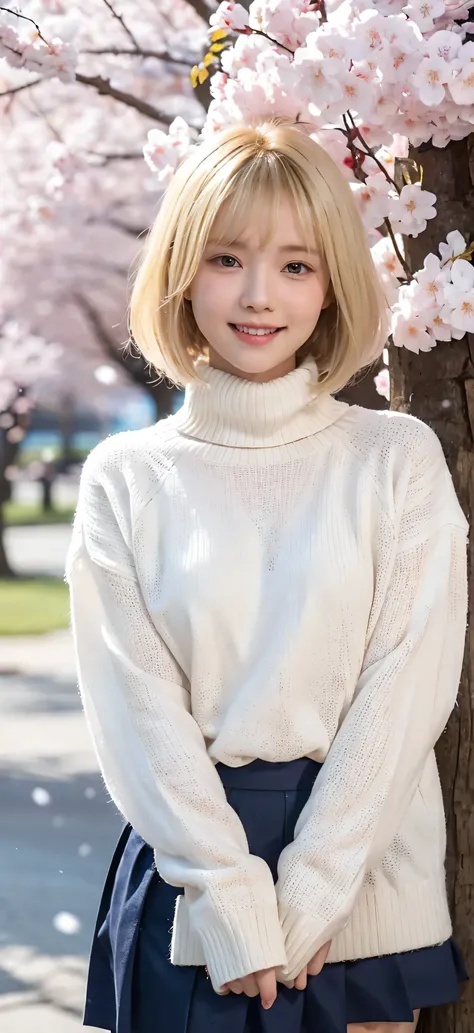 (  blonde, ,   ultra beautiful girl :1.5), ( sweater, skirt:1.3), (18 years old:1.3), break, (snowing, cherry blossoms,  Snowing :1.3), break, Shy laugh:1.3, baby face, Super Beautiful Eyes     , (  symmetrical eyes :1.3), break, ( Ultra  is present Skin:1...