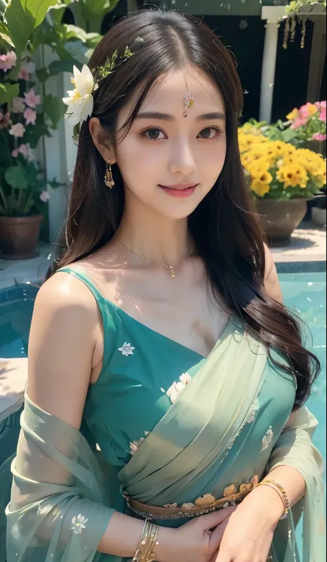 yurayura_yuuura,a girl,wearing an elegant 100% transparent saree,curly long hair,deep black eyes,shiny red lips,brown skin,lotus flower in her hair,bindi on forehead,palms decorated with henna,in a blooming garden,bright colorful flowers,green grass,blue s...