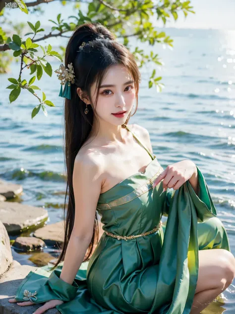 Arafi Asian woman in green dress sitting on a rock at the water's edge, a beautiful fantasy empress, Hanfu, Anime girl cosplay, inspired by Du Qiong, beautiful age girl, full-body xianxia, Beautiful goddess, Palace , A girl in Hanfu, Traditional beauty, go...
