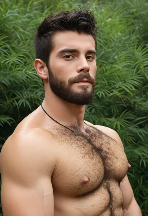 score_9, score_8_up, score_7_up, (1 male:1.2), short beard, short black hair,outside, detailed background, hairy chest, 