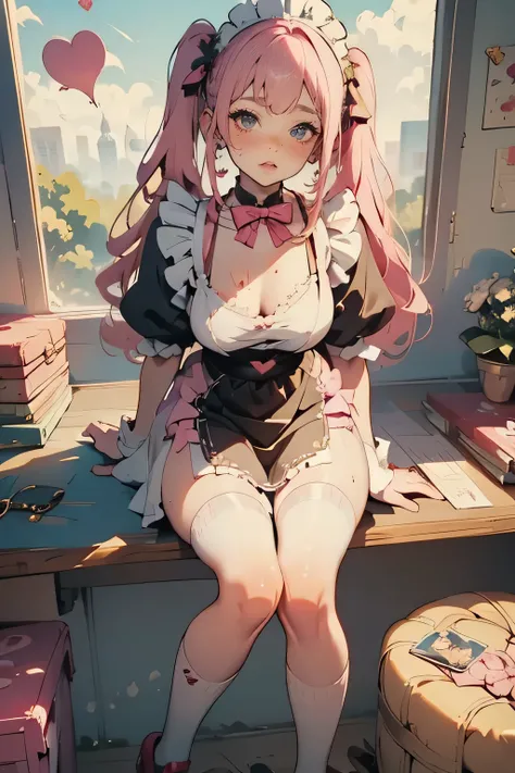  one girl to rainbow,  apron, bow, cube  hair accessories,  dress , frills,  dark ( Performances),  hair accessories, heart, heart hands,  long hair,  while inside, Maid, Maid  apron, Maid head dress ,  Mary Jane, One side up,  pink hair with a scar, Shado...