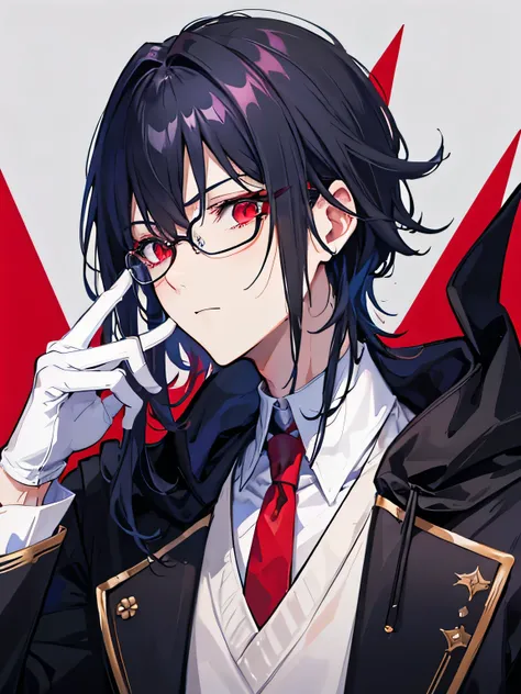 A handsome man, demon, butler, red crimson eyes color, dark blue hair color, white gloves, necktie, Shush hand gesture, hood black cloak, wearing glasses, full black mask, not showing face