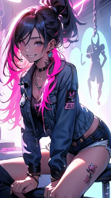 high quality、best image quality、masterpiece、girl((20-year-old、 By becoming、vest bust、medium bust,wide open breast tea、Shining eyes, neon hair、long hair、thin,highest valley、ponytail、distressed denim shorts、black belly button shirt、Damaged Denim Jacket、smile...