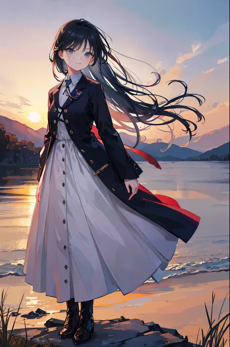 1girl standing by a creek in a vast grassland, looking at the distant scenery with a cute smile, beautiful detailed black eyes, long black hair in a low ponytail, wearing a white dress, white boots, (best quality,4k,8k,highres,masterpiece:1.2),ultra-detail...