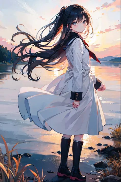 1girl standing by a creek in a vast grassland, looking at the distant scenery with a cute smile, beautiful detailed black eyes, long black hair in a low ponytail, wearing a white dress, white boots, (best quality,4k,8k,highres,masterpiece:1.2),ultra-detail...