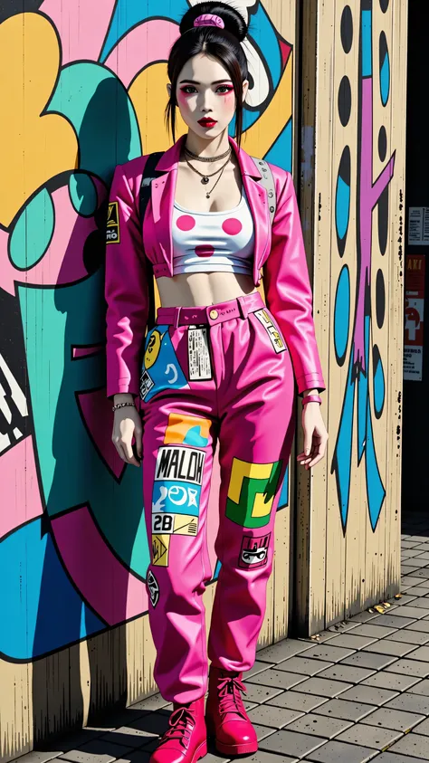 beautiful kpop idol girl wearing a pink hip-hop outfit covered elegantly, her curly long black hair beauty in ponytail, against the backdrop of a graffiti wall during the day