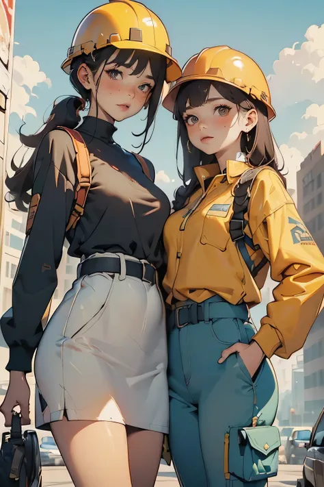 ( top quality,  high resolution),  Two girls working at a construction site  ,   long sleeve shirt,  cargo pants,  safety helmet, Work Belt, Height Safety Harness,  check construction progress on your tablet. ,a girl in a suit wearing a  safety helmet. , I...