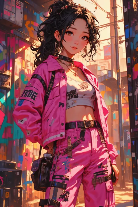 beautiful kpop idol girl wearing a pink hip-hop outfit covered elegantly, her curly long black hair beauty in ponytail, against the backdrop of a graffiti wall during the day, arms behind back, 