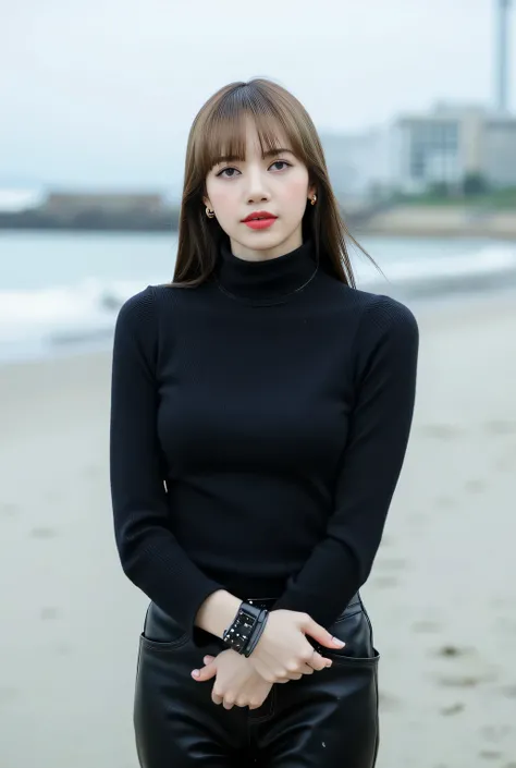  an office lady,  is vacationing on the beach in the rain, Facing front,  t-shirt and wet clothes, Using Modek Turtle Neck Wet Long Sleeve T-Shirt in Black, using long wet denim pants of black color,  big boobs,  red lips, 