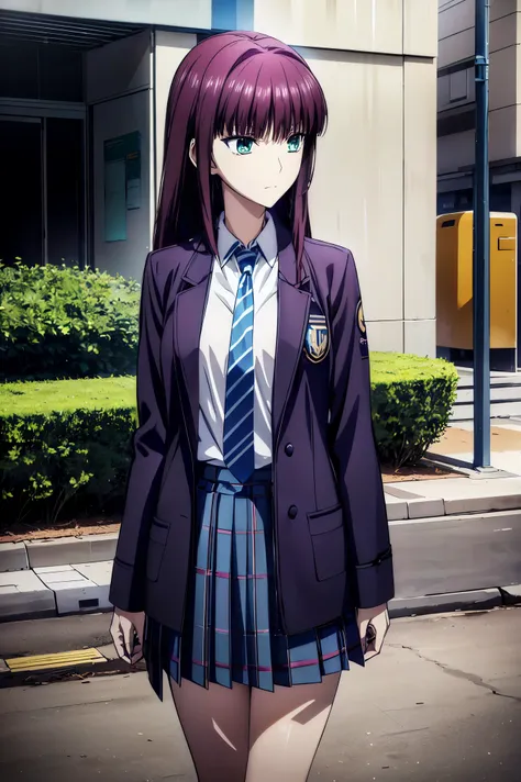 blazer uniform,赤 purple hair, green eyes, eyes like jewels, super high resolution, ((( green eyes))),赤 purple hair, beautifulアニメ高校の女の子,(Masterpiece:1.2, 最 high quality ), ( is present, photo is present:1.4), beautifulイラスト, ( natural light , Movie Scree...