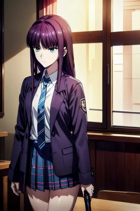 blazer uniform,赤 purple hair, green eyes, eyes like jewels, super high resolution, ((( green eyes))),赤 purple hair, beautifulアニメ高校の女の子,(Masterpiece:1.2, 最 high quality ), ( is present, photo is present:1.4), beautifulイラスト, ( natural light , Movie Scree...