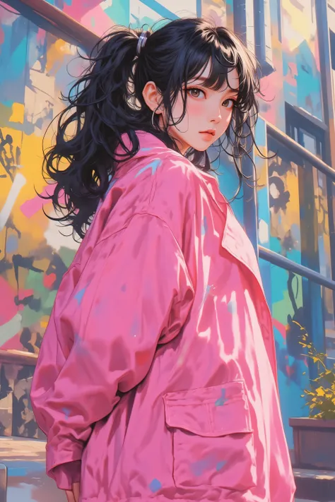 beautiful kpop idol girl wearing a pink hip-hop outfit covered elegantly, her curly long black hair beauty in ponytail, against the backdrop of a graffiti wall during the day, arms behind back, 