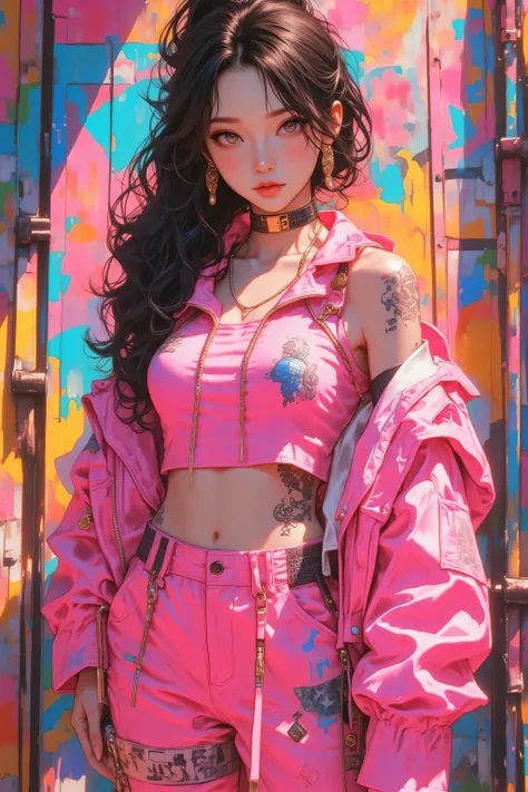 beautiful kpop idol girl wearing a pink hip-hop outfit covered elegantly, her curly long black hair beauty in ponytail, against the backdrop of a graffiti wall during the day, arms behind back, 