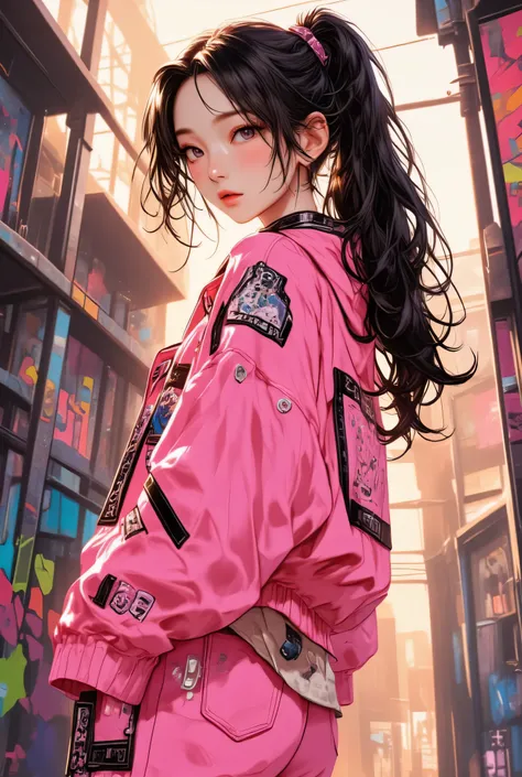 beautiful kpop idol girl wearing a pink hip-hop outfit covered elegantly, her curly long black hair beauty in ponytail, against the backdrop of a graffiti wall during the day, arms behind back, 