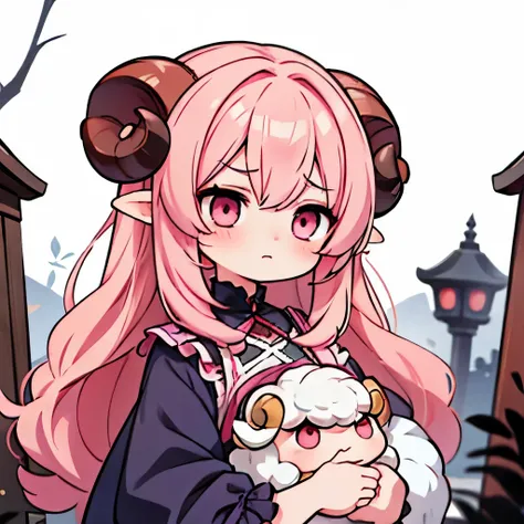 　An anime-style illustration of a girl named 'Fua-chan' with long, soft pink hair styled(( in curls resembling sheep’s horns.))** She has bright pink eyes that now appear more intense and enigmatic. **Fua-chan is dressed in a gothic-style outfit, with dark...