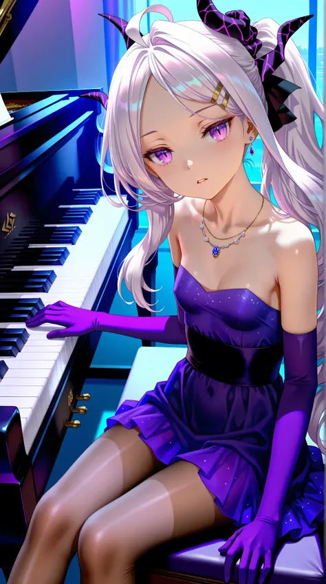 1girl,Sorasaki Hina\(blue archive\),gloves,pantyhose,dress,purple eyes,piano,close up,sitting,jewelry,elbow gloves,horns,looking at viewer,(playing piano),brown pantyhose,purple gloves,long hair,foot,foot focus,necklace,purple dress,side ponytail,parted li...