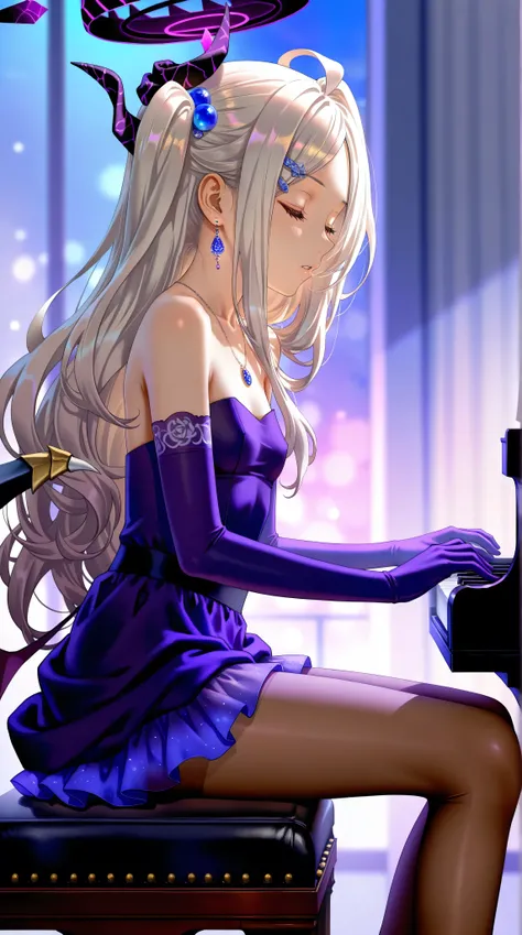 (from side,side view),1girl,Sorasaki Hina\(blue archive\),gloves,pantyhose,dress,closed eyes,piano,close up,sitting,jewelry,elbow gloves,horns,(playing piano),brown pantyhose,purple gloves,long hair,foot,foot focus,necklace,purple dress,side ponytail,parte...