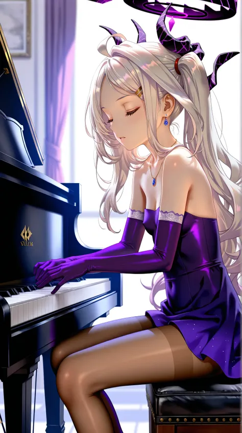 (from side,side view),1girl,Sorasaki Hina\(blue archive\),gloves,pantyhose,dress,closed eyes,piano,close up,sitting,jewelry,elbow gloves,horns,(playing piano),brown pantyhose,purple gloves,long hair,foot,foot focus,necklace,purple dress,side ponytail,parte...