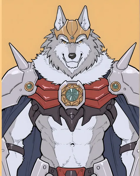 greyfus, wolf, flat color, male, muscular, simple background, looking at viewer, anthro, speedos, half body, armor, cape