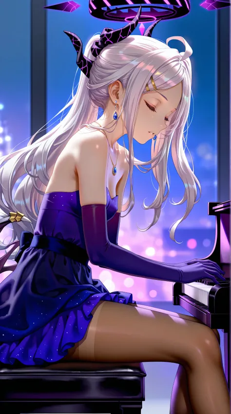 (from side,side view),1girl,Sorasaki Hina\(blue archive\),gloves,pantyhose,dress,closed eyes,piano,close up,sitting,jewelry,elbow gloves,horns,(playing piano),brown pantyhose,purple gloves,long hair,foot,foot focus,necklace,purple dress,side ponytail,parte...