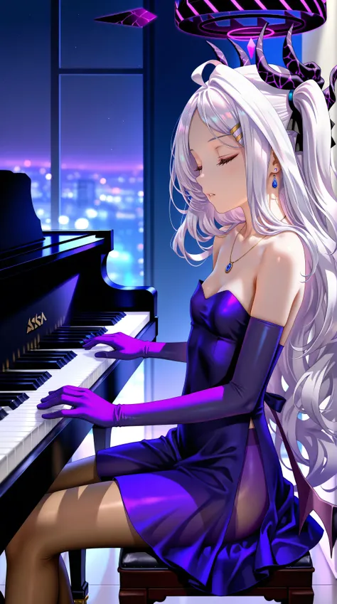 (from side,side view),1girl,Sorasaki Hina\(blue archive\),gloves,pantyhose,dress,closed eyes,piano,close up,sitting,jewelry,elbow gloves,horns,(playing piano),leaning back,brown pantyhose,purple gloves,long hair,foot,foot focus,necklace,purple dress,side p...