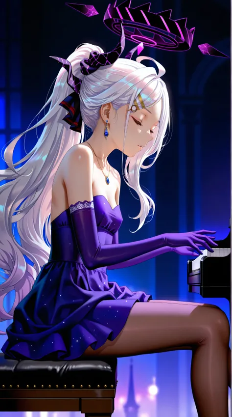 (from side,side view),1girl,Sorasaki Hina\(blue archive\),white hair,gloves,pantyhose,dress,closed eyes,piano,close up,sitting,jewelry,elbow gloves,horns,dynamic angle,(playing piano),leaning back,brown pantyhose,purple gloves,long hair,foot,foot focus,nec...