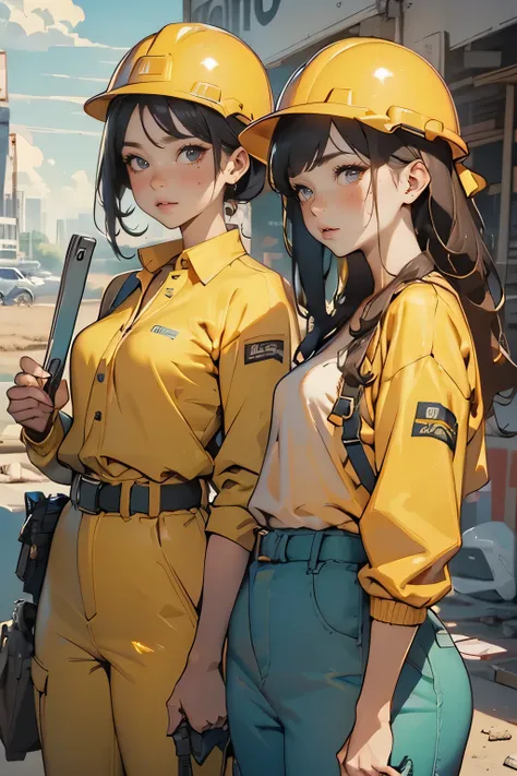 ( top quality,  high resolution),  Two girls working at a construction site  ,   long sleeve shirt,  cargo pants,  safety helmet, Work Belt, Height Safety Harness,  check construction progress on your tablet. ,a girl in a suit wearing a  safety helmet. , I...