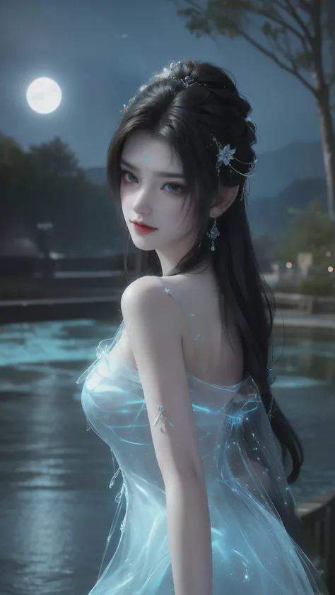 light particles, halo, (bioluminescent:0.95), bioluminescent, piercing glare, vibrant, (((colourful))), color, (glowing, glow),ancient customs, wind blow, blossom, pond, night, moon relection in the pond, reflection light, depth of field, from behind, mul...
